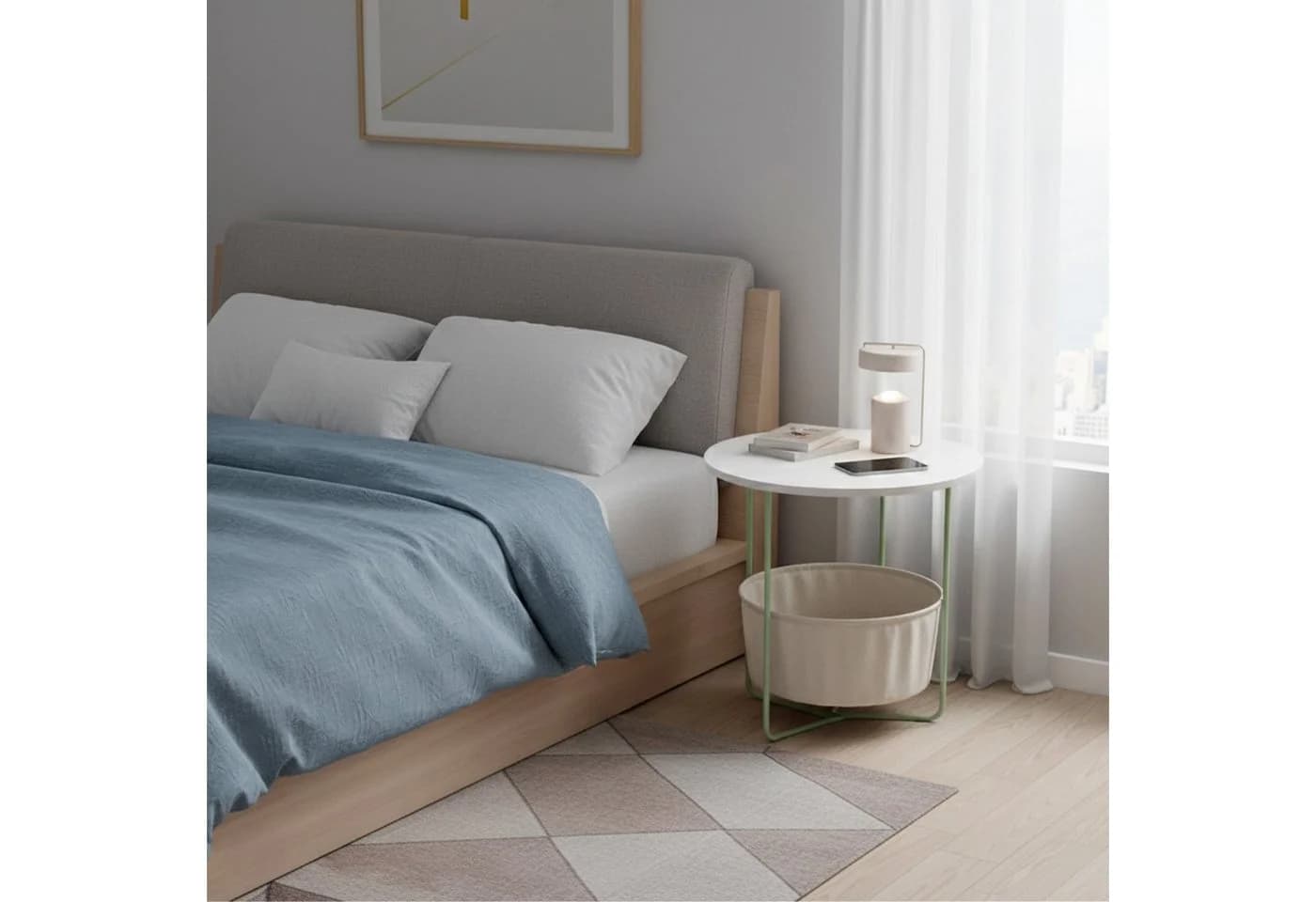 relaxdays Beistelltisch Rund mit Korb Salbeigrün-Cremeweiß - Bild 3
