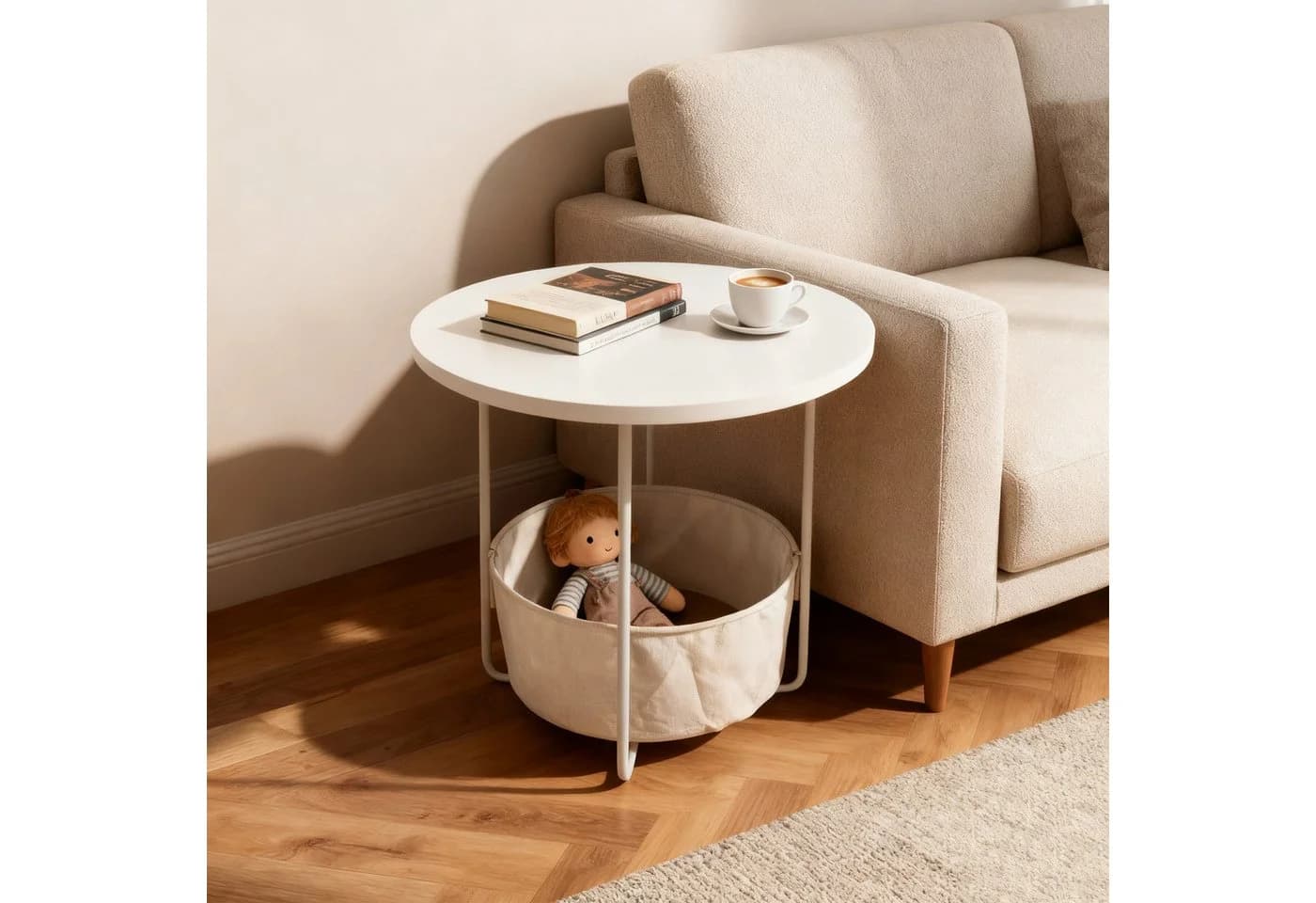 RELAXDAYS Beistelltisch Runder Beistelltisch mit Korb, Beige Creme