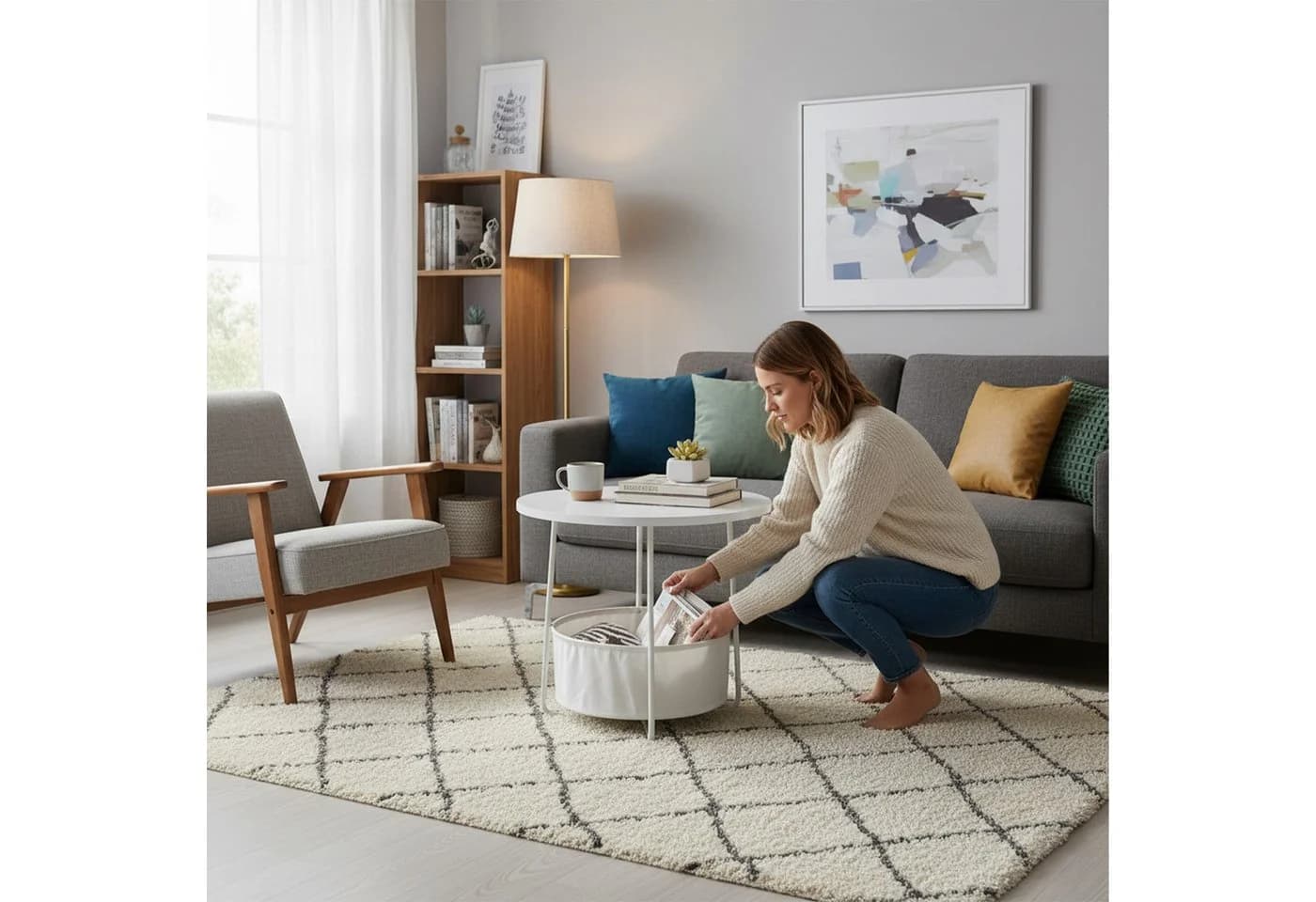 RELAXDAYS Beistelltisch Runder Beistelltisch mit Korb, Beige Creme - Bild 5