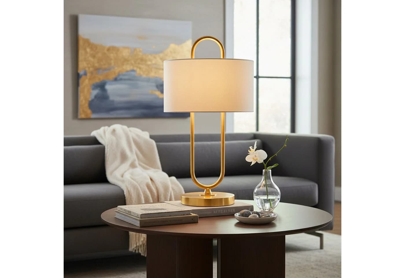 RELAXDAYS Nachttischlampe U-Form mit Leinenschirm Weiß/Gold
