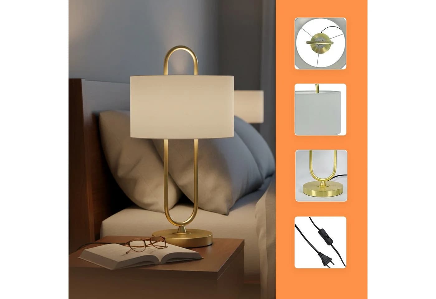 RELAXDAYS Nachttischlampe U-Form mit Leinenschirm Weiß/Gold - Bild 5