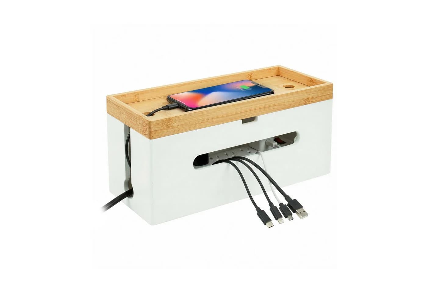 relaxdays Kabelbox aus Bambus Natur-Weiß mit Ablage - Bild 2
