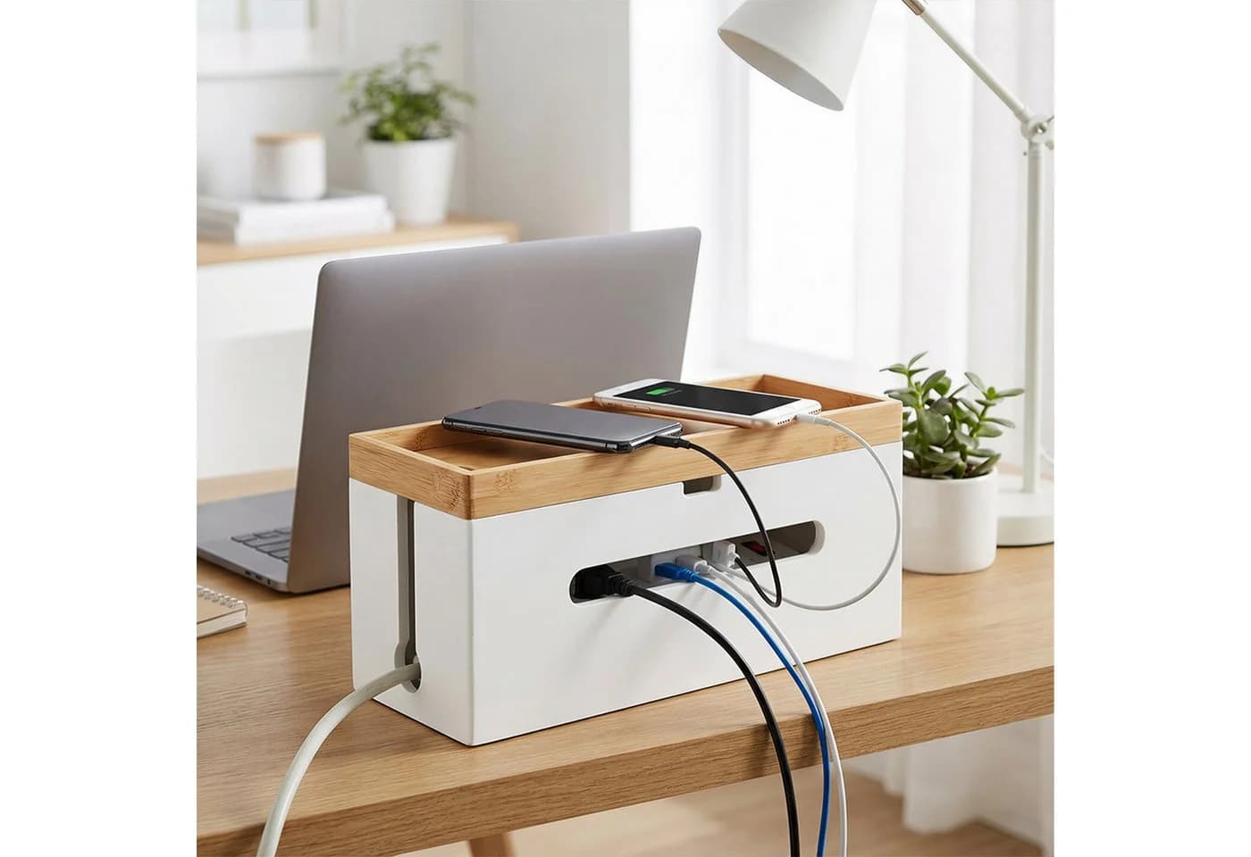 relaxdays Kabelbox aus Bambus Natur-Weiß mit Ablage - Bild 3