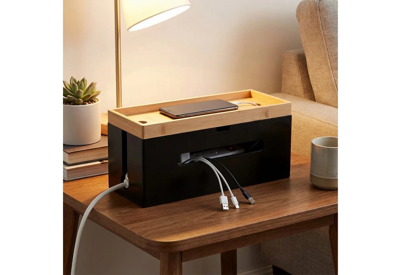 relaxdays Kabelbox aus Bambus Natur-Schwarz mit Ablage - Bild 3