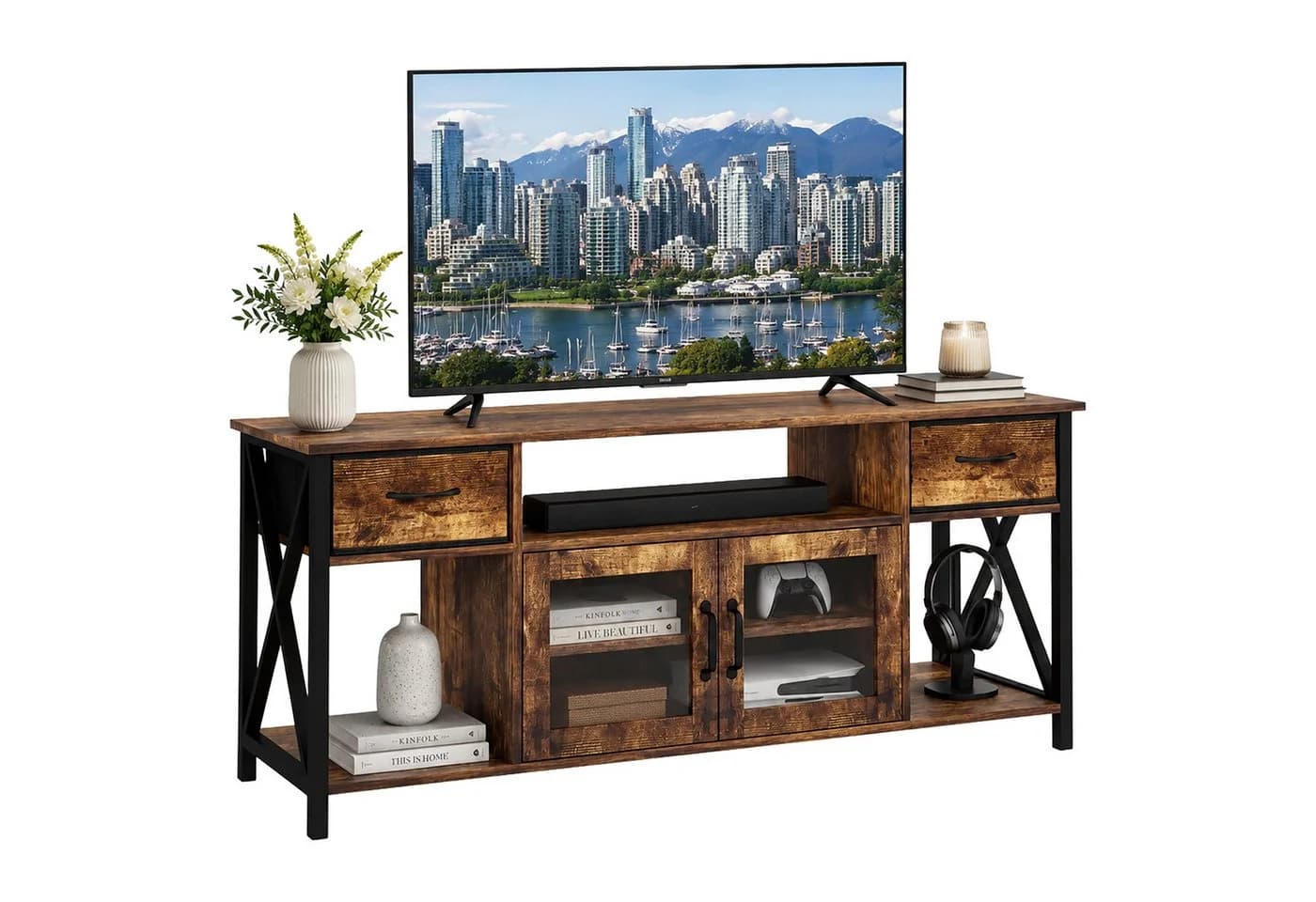 relaxdays TV-Bank Industrial Schwarz Braun mit Stauraum - Bild 2