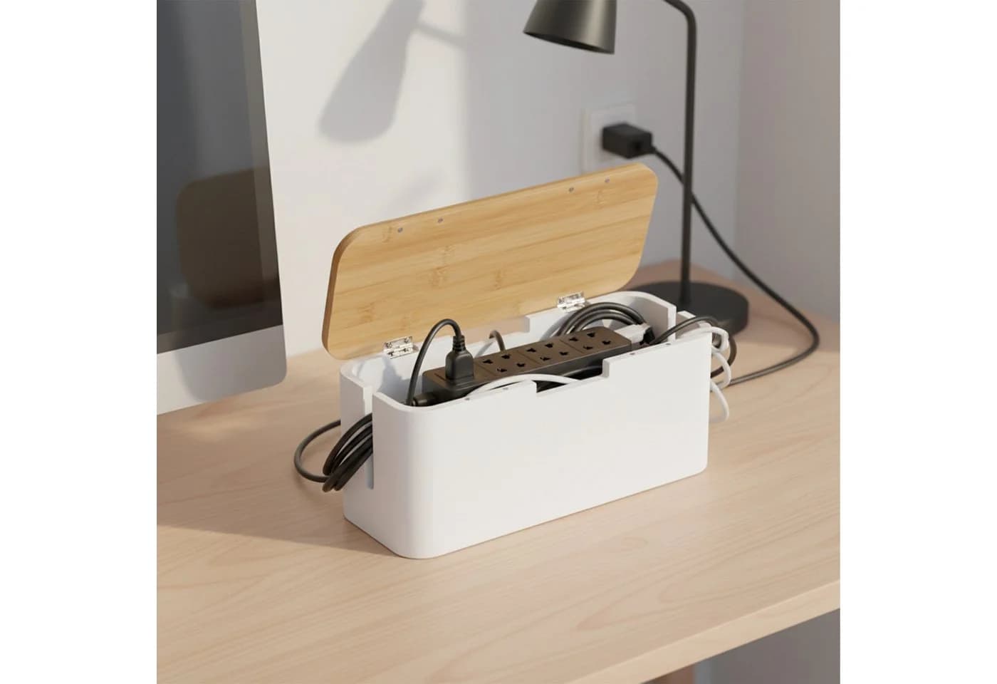 Kabelbox aus Bambus in Natur-Weiß - Bild 3