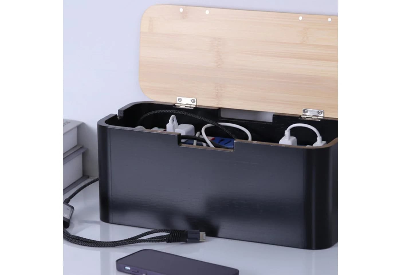 RELAXDAYS Kabelbox aus Bambus Natur-Schwarz mit Magnetverschluss - Bild 5