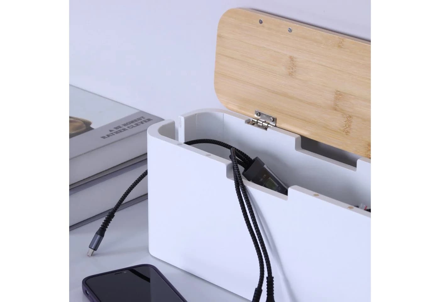 relaxdays Kabelbox aus Bambus, Natur-Weiß, 6-fach-Steckdosenleiste - Bild 5