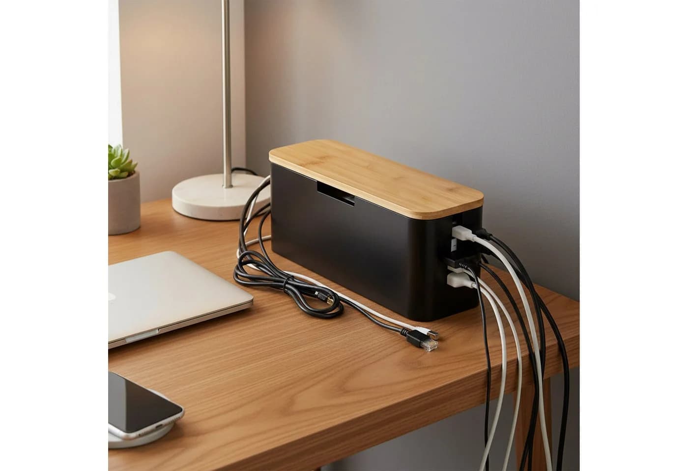 RELAXDAYS Kabelbox aus Bambus, Natur-Schwarz - Bild 5