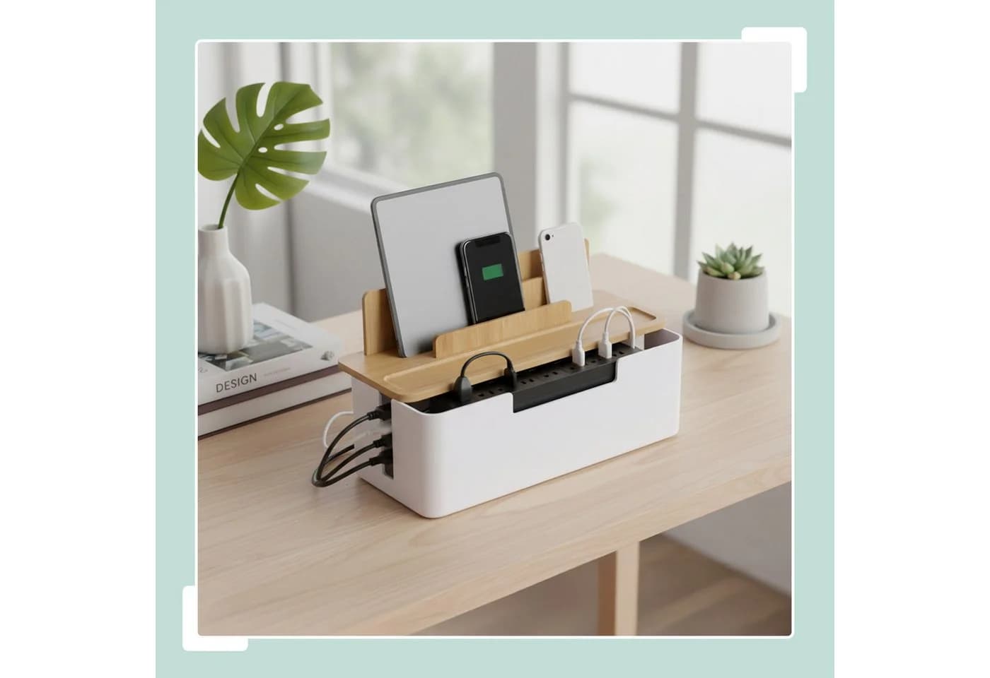 relaxdays Kabelbox Bambus mit Halt, Natur-Weiß - Bild 3