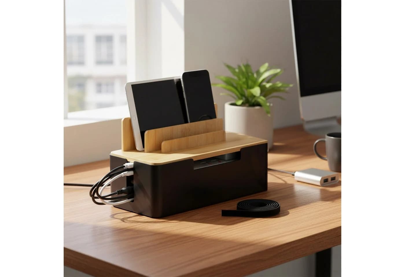 RELAXDAYS Kabelbox mit Handyhalter Natur-Schwarz Bambus