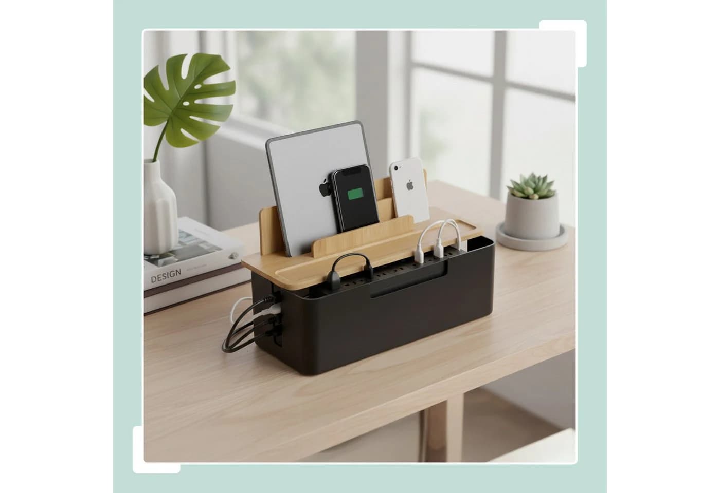 RELAXDAYS Kabelbox mit Handyhalter Natur-Schwarz Bambus - Bild 3