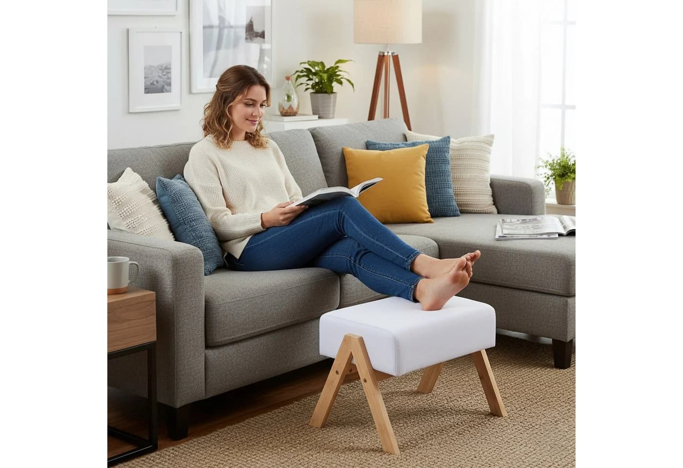 relaxdays Fußhocker Bambus & Stoff Creme - Bild 5