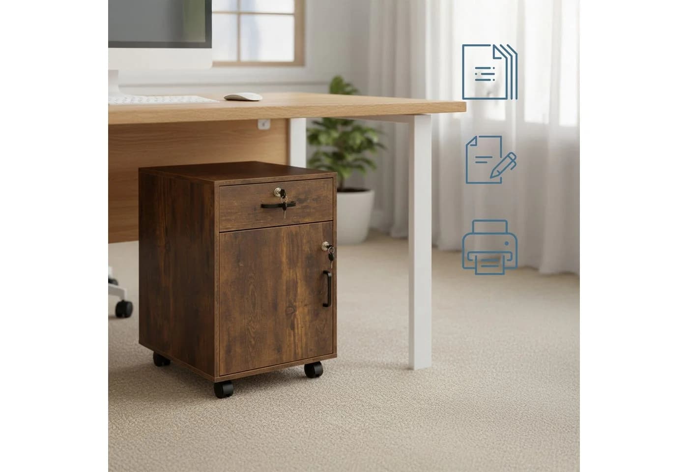 relaxdays Rollcontainer Abschließbarer Rollcontainer Vintagebraun