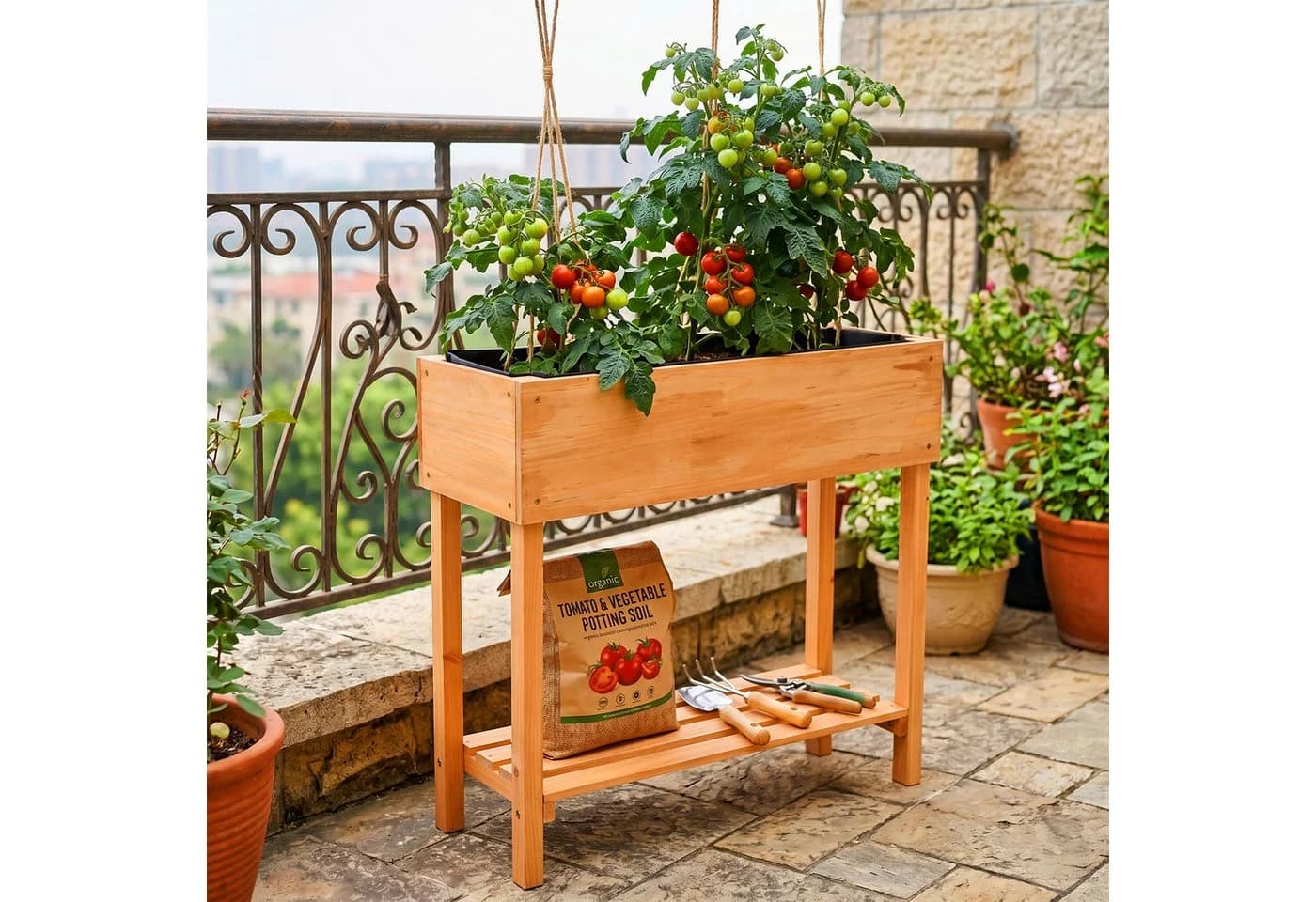 relaxdays Hochbeet Holz mit Ablage & Vlieseinlage, Orange