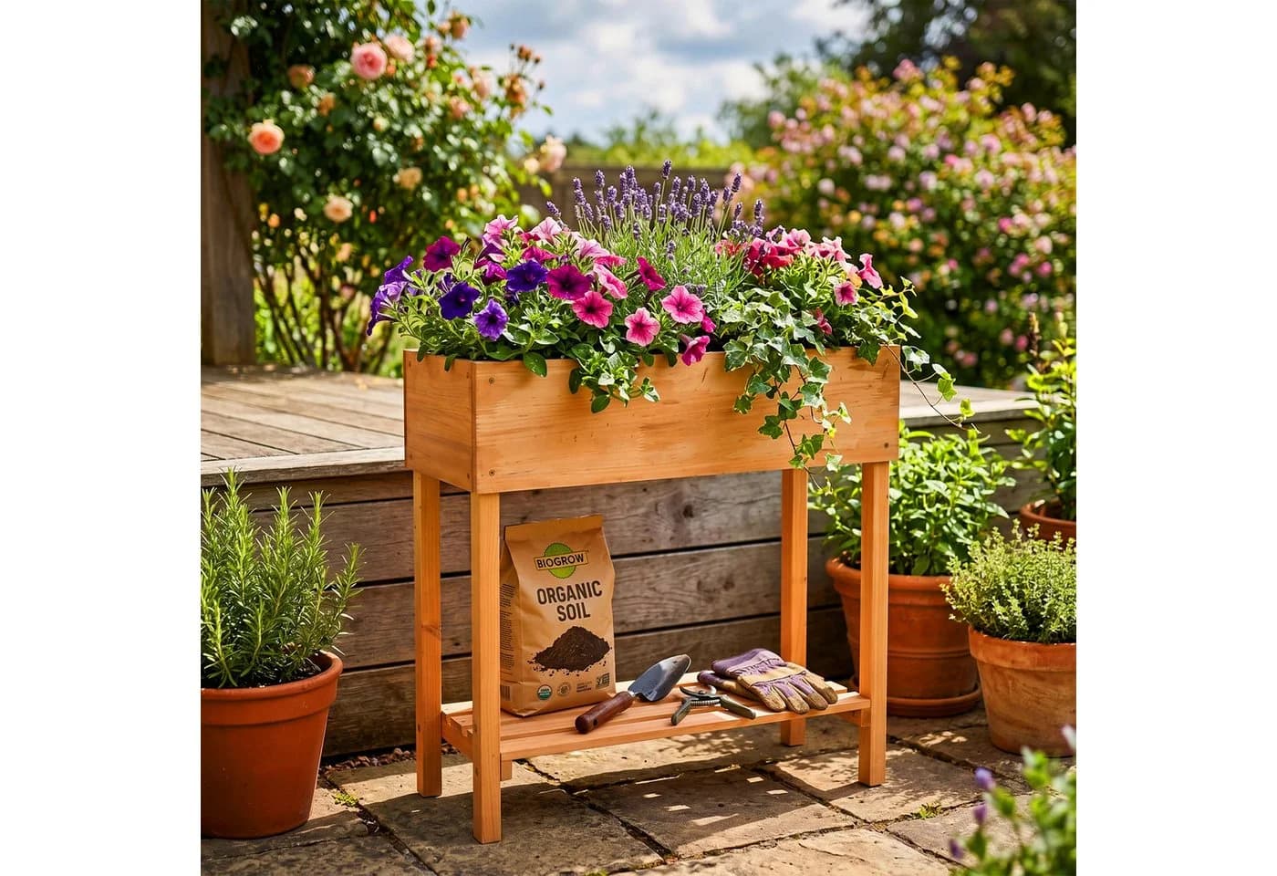 relaxdays Hochbeet Holz mit Ablage & Vlieseinlage, Orange - Bild 5