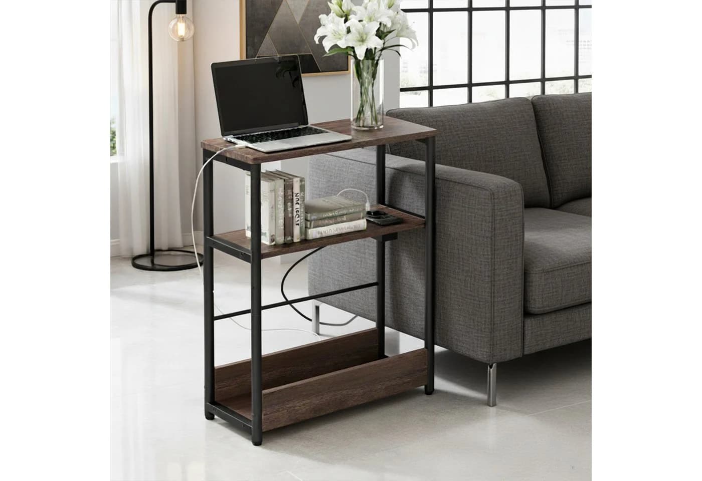 relaxdays Beistelltisch mit Steckdose & USB-Ports, Vintagebraun