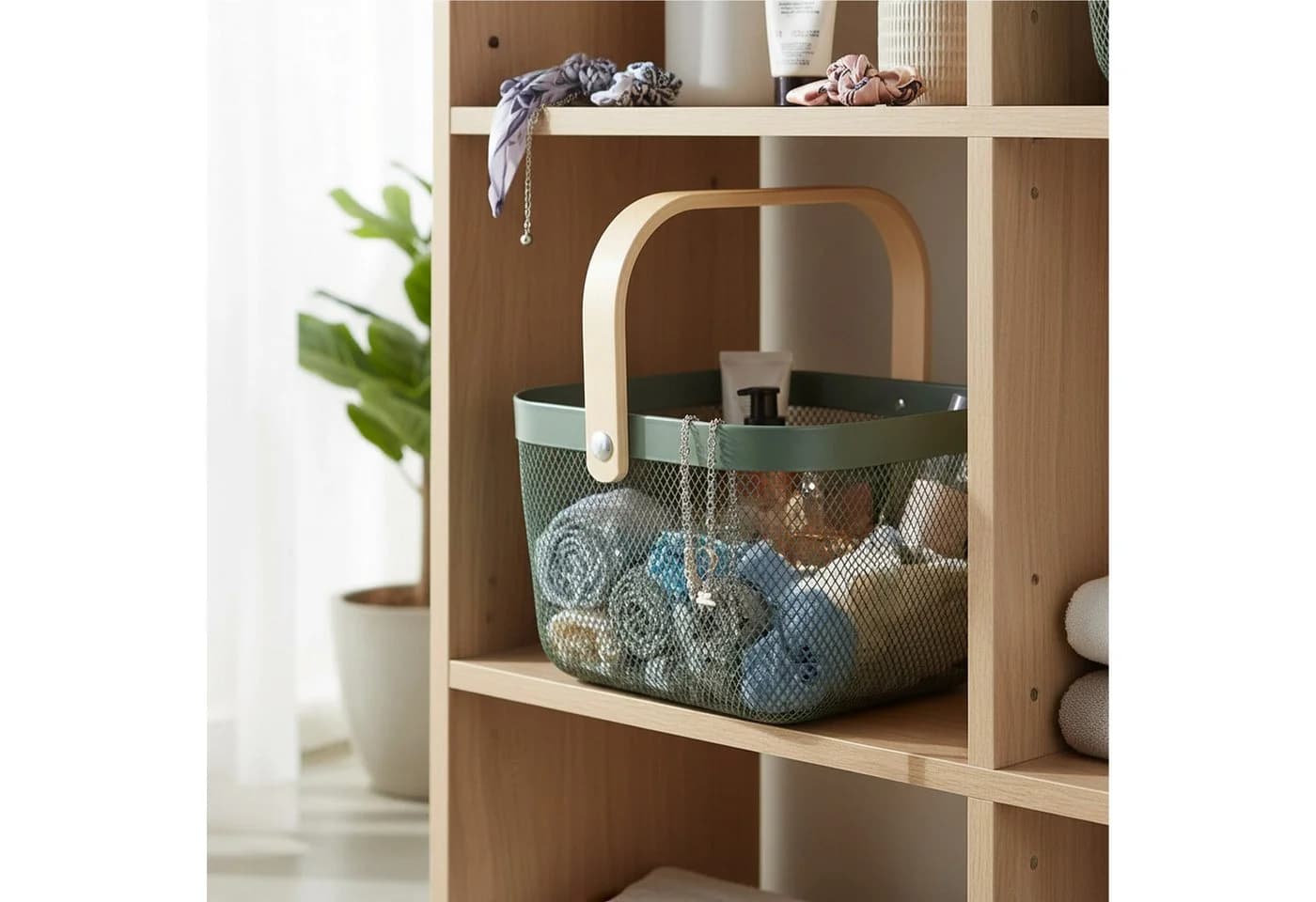 relaxdays Aufbewahrungskorb mit Griff Mint Drahtkorb Holz - Bild 5