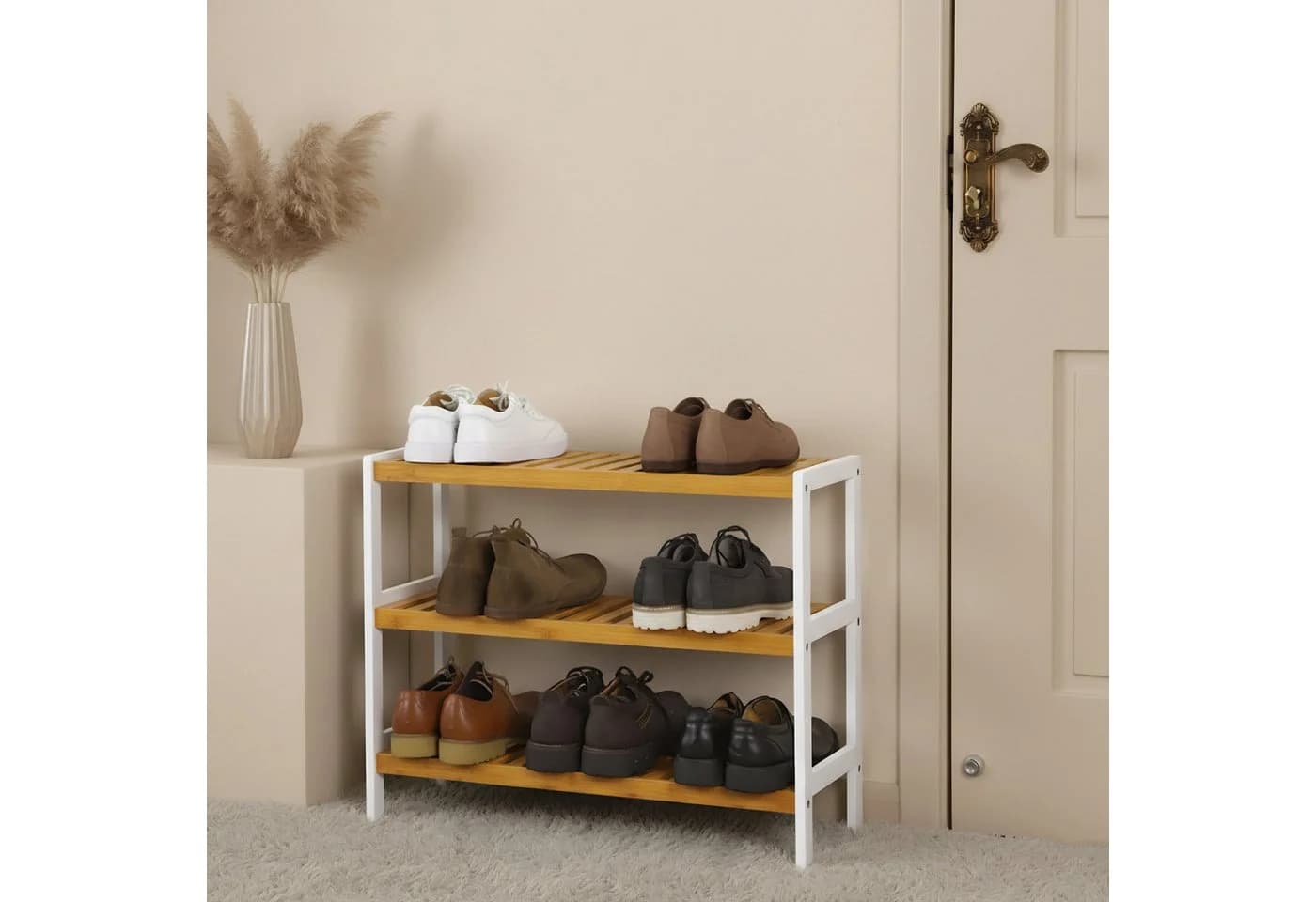 relaxdays Schuhregal Bambus 3 Ebenen Natur-Weiß - Bild 3