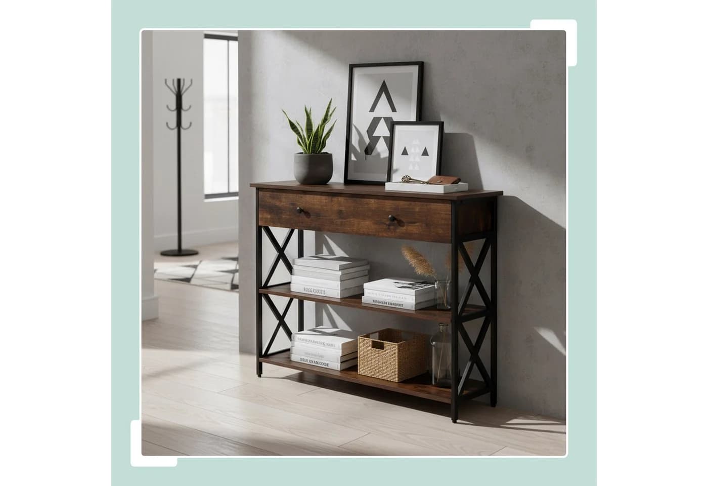 relaxdays Konsolentisch mit Schublade, Dunkelbraun, Industrial-Style