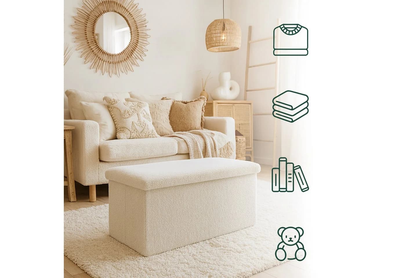 relaxdays Sitzbank aus Teddystoff weiß mit Stauraum