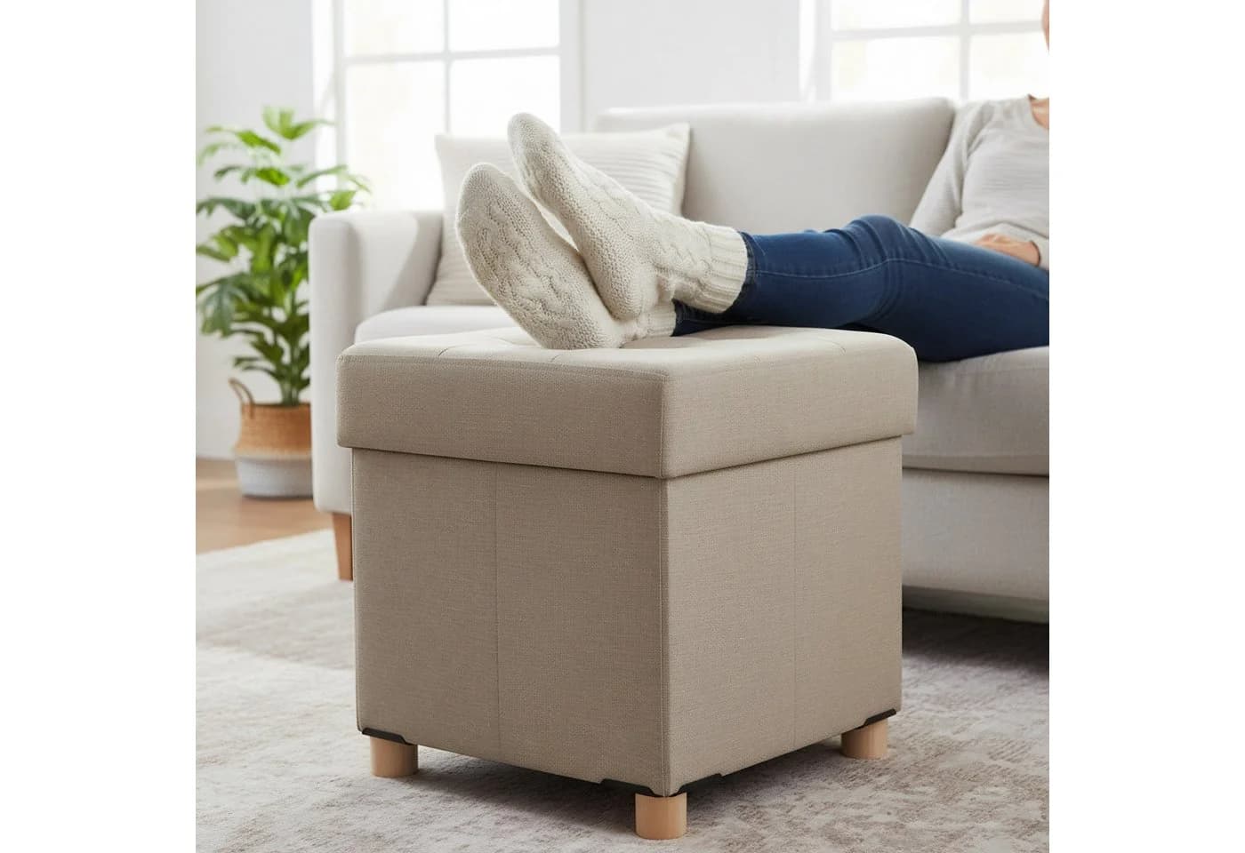 relaxdays Stauraumhocker Beige mit Stauraum