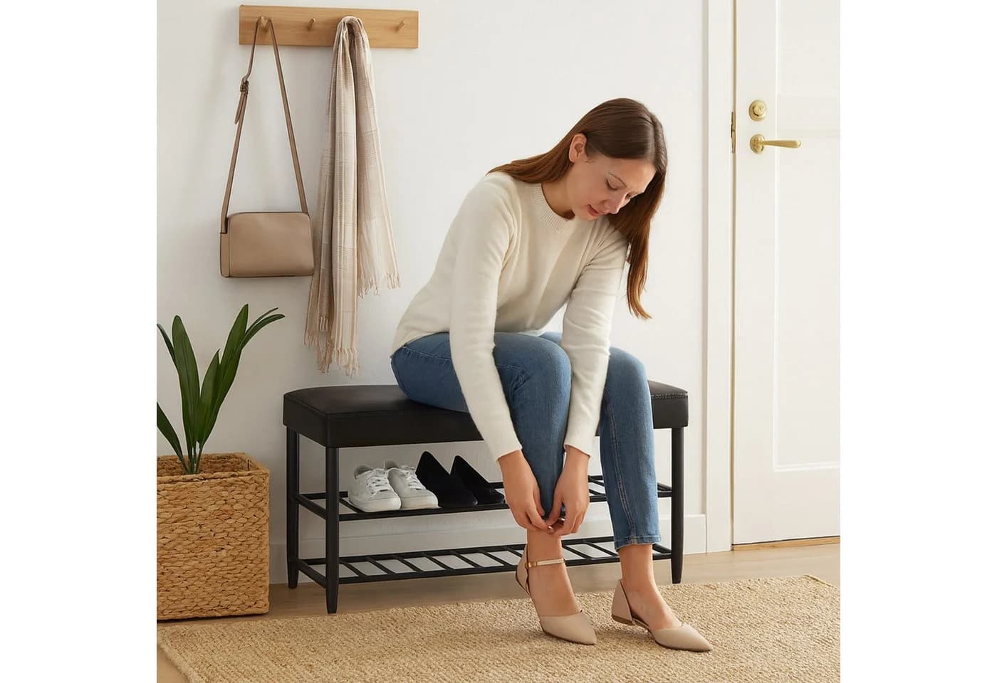 relaxdays Schuhbank mit 2 Schuhablagen Schwarz