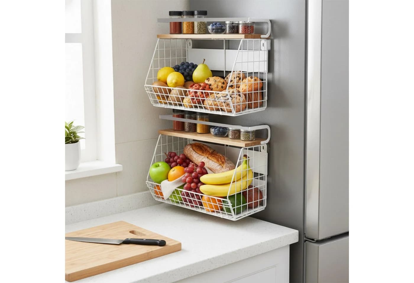relaxdays Wandregal Obstkorb 2er Set Magnetisch Eisen Holz