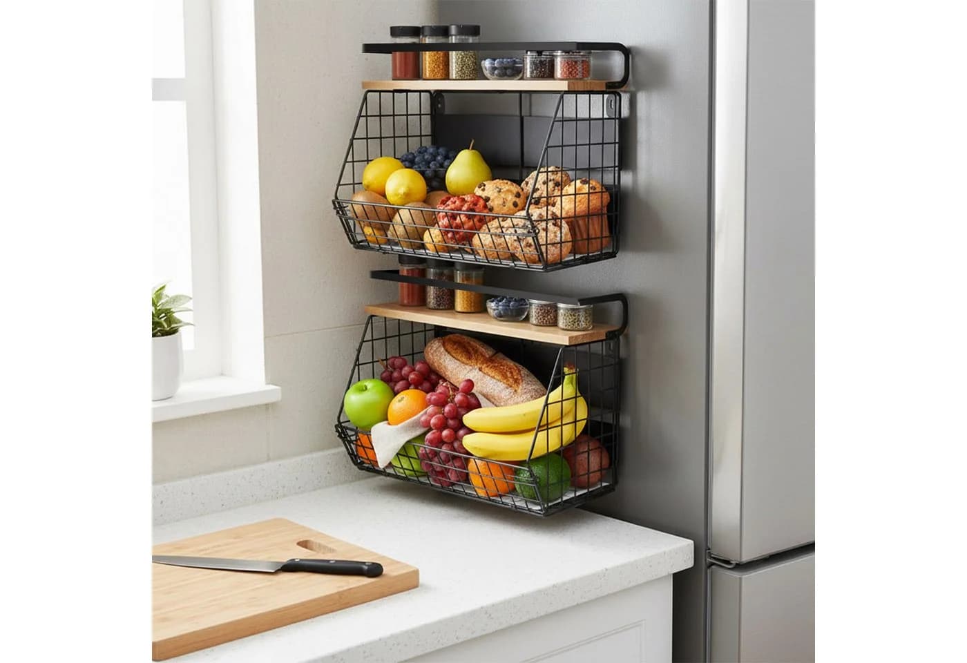 relaxdays Wandregal Obstkorb 2er Set Magnetisch Eisen Braun/Schwarz