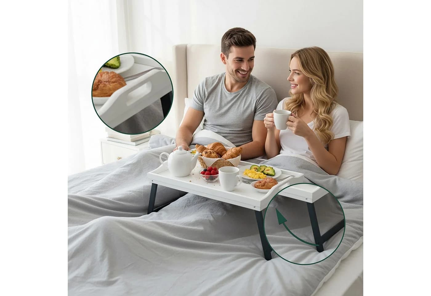 relaxdays Betttablett Bambus Weiß-Grau