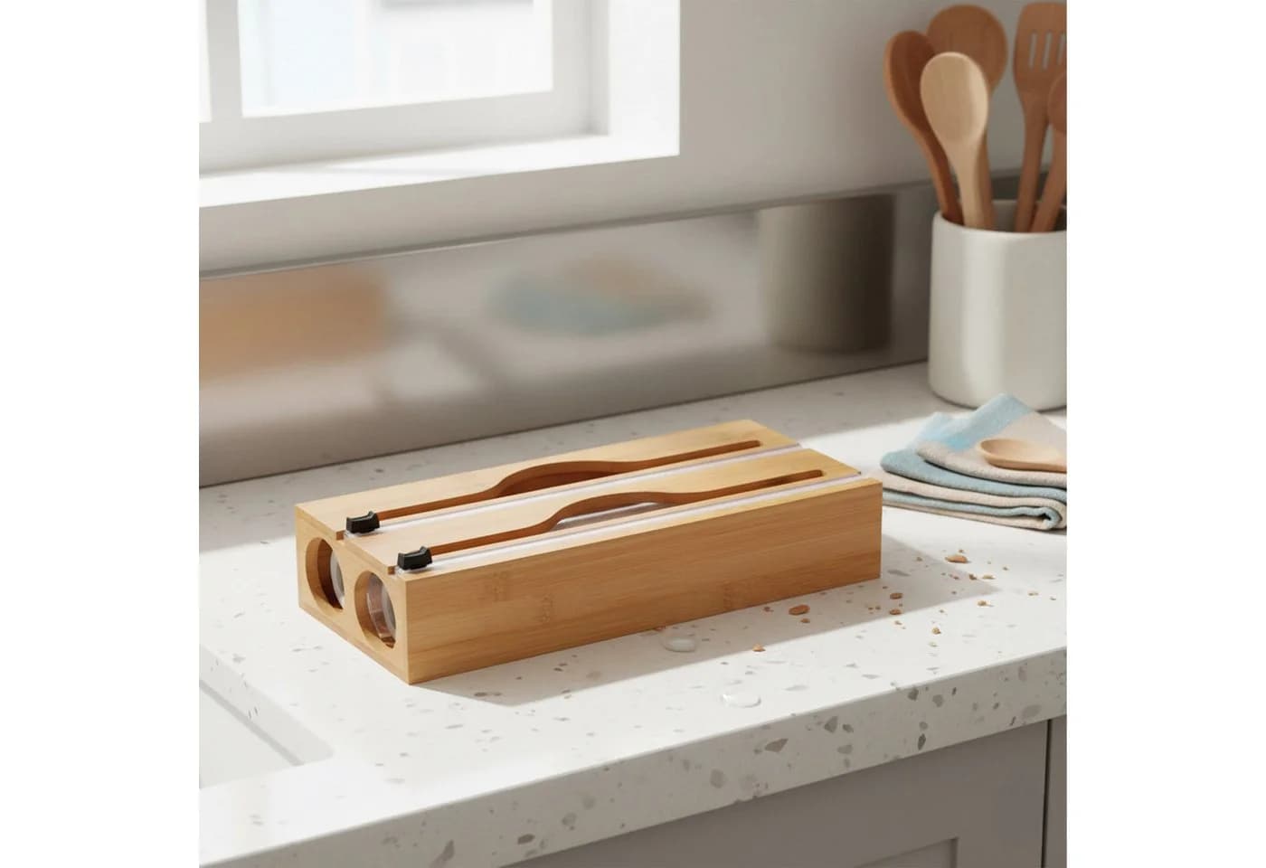 relaxdays Folienspender aus Bambus, 2 Rollen