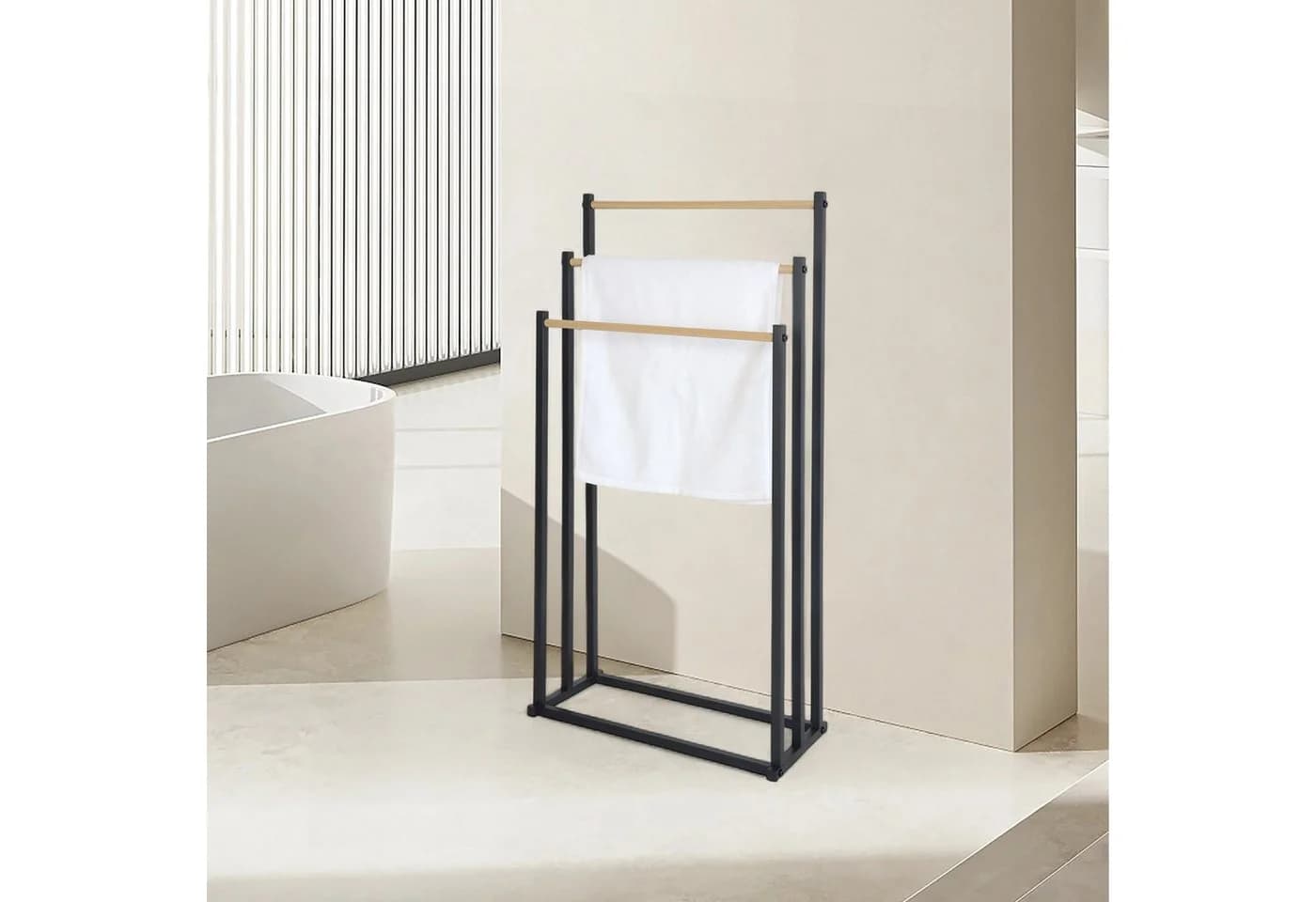 relaxdays Handtuchständer 3 Stangen Schwarz Metall Holzoptik