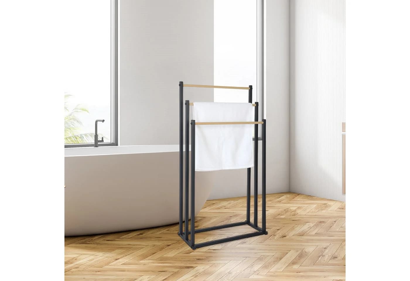relaxdays Handtuchständer 3 Stangen Schwarz Metall Holzoptik - Bild 3