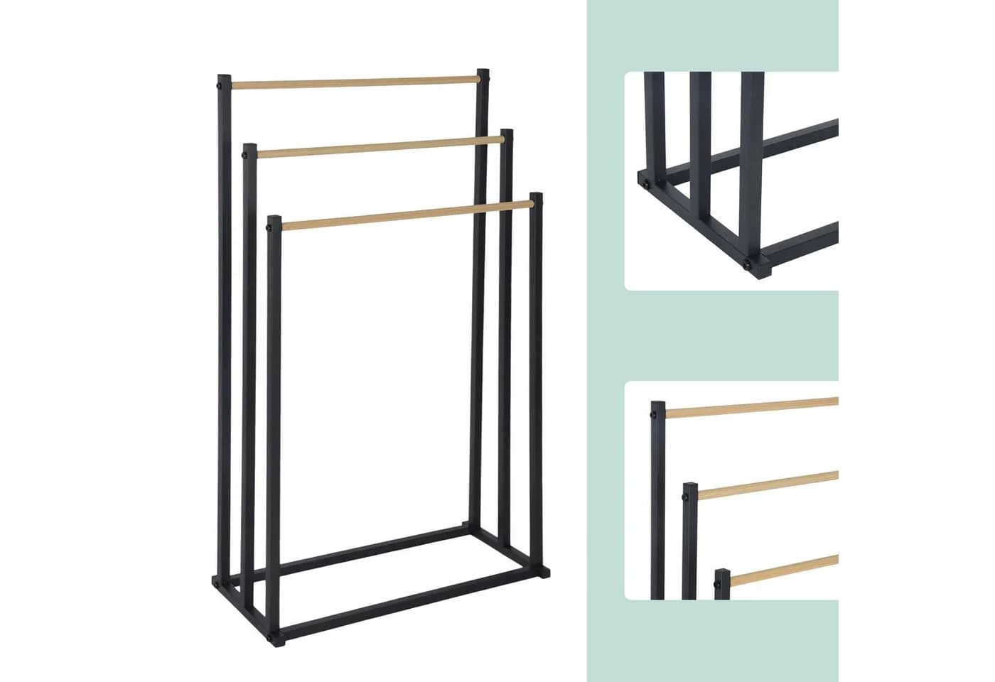 relaxdays Handtuchständer 3 Stangen Schwarz Metall Holzoptik - Bild 5