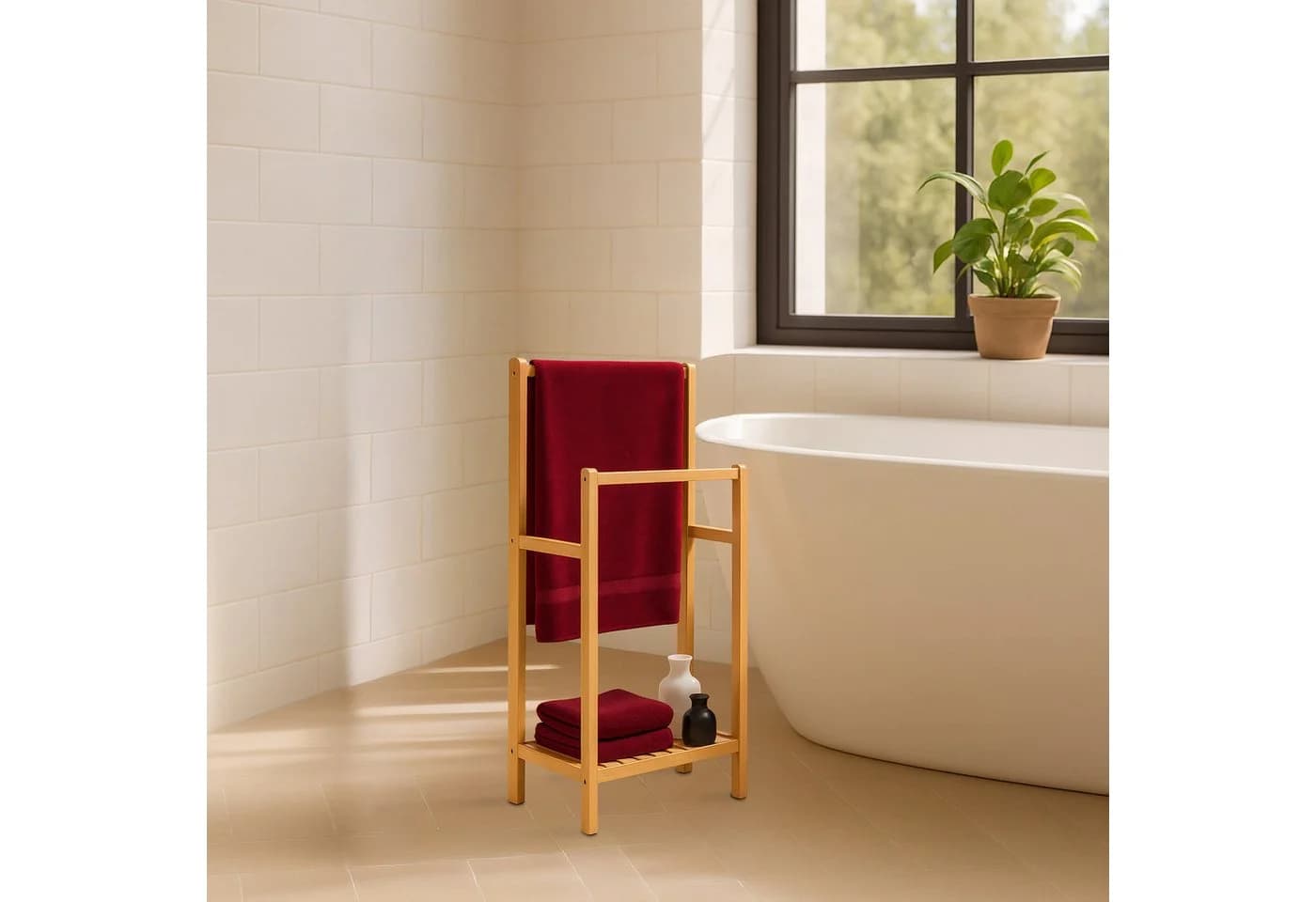 relaxdays Handtuchständer Bambus 2 Stangen Ablage natur