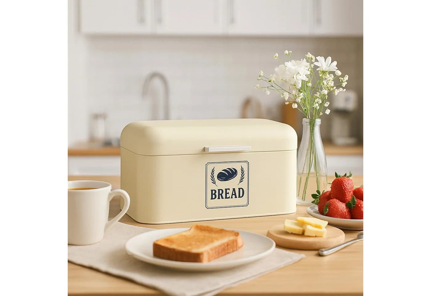 relaxdays Brotkasten Retro mit Deckel & Griff, Eisen, Beige