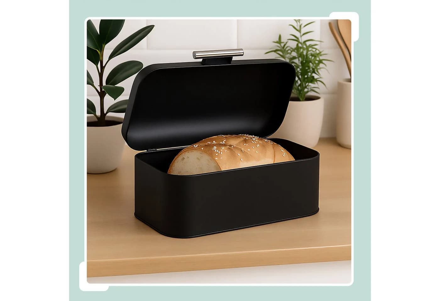 relaxdays Brotkasten Schwarz mit Deckel & Baumwollbeutel