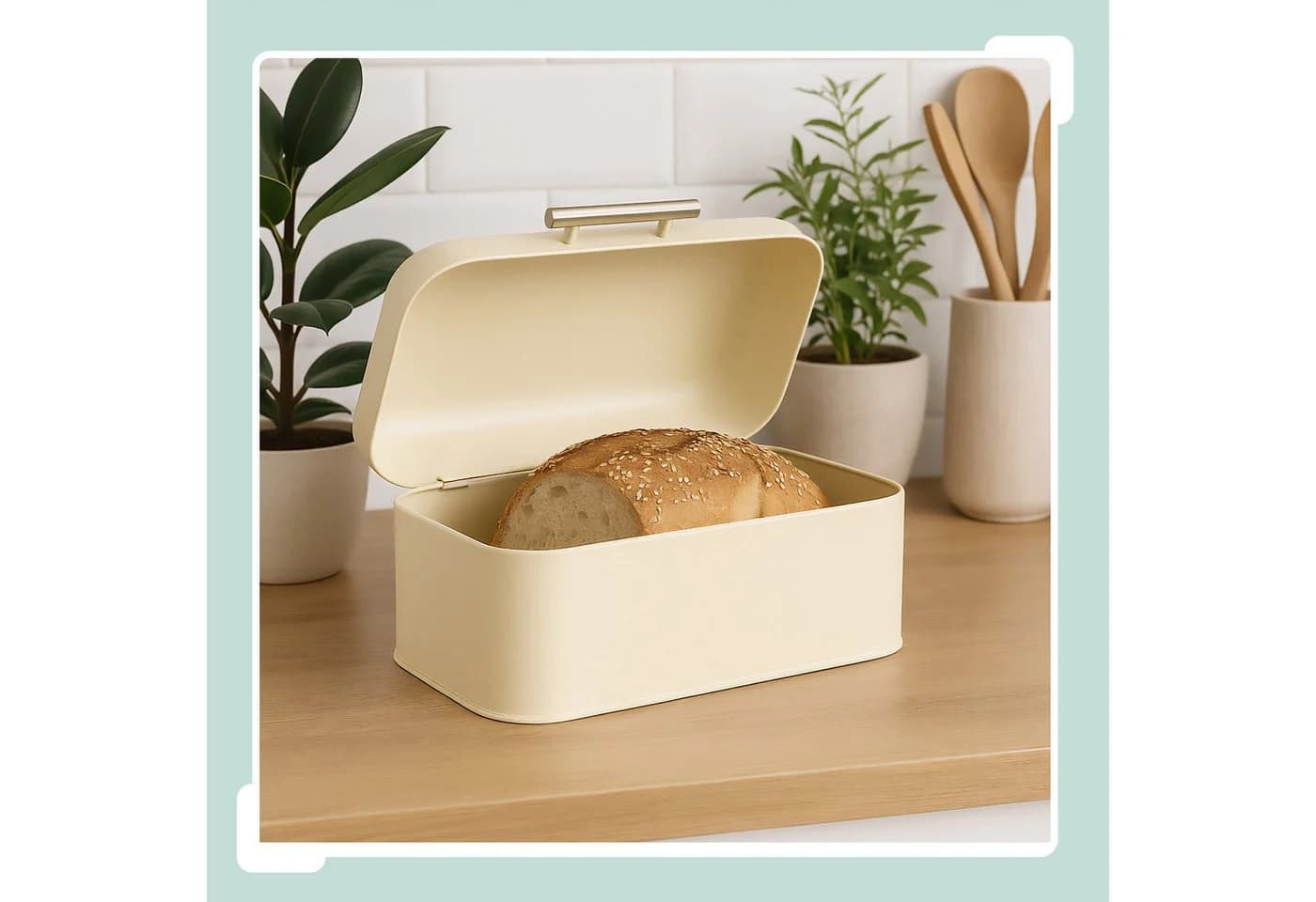 relaxdays Brotkasten aus Metall Beige mit Deckel & Baumwollbeutel