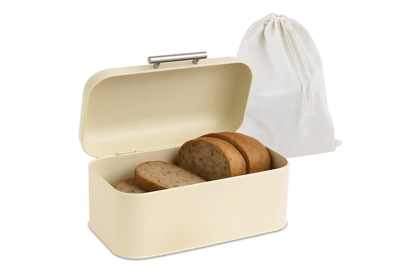 relaxdays Brotkasten aus Metall Beige mit Deckel & Baumwollbeutel - Bild 2