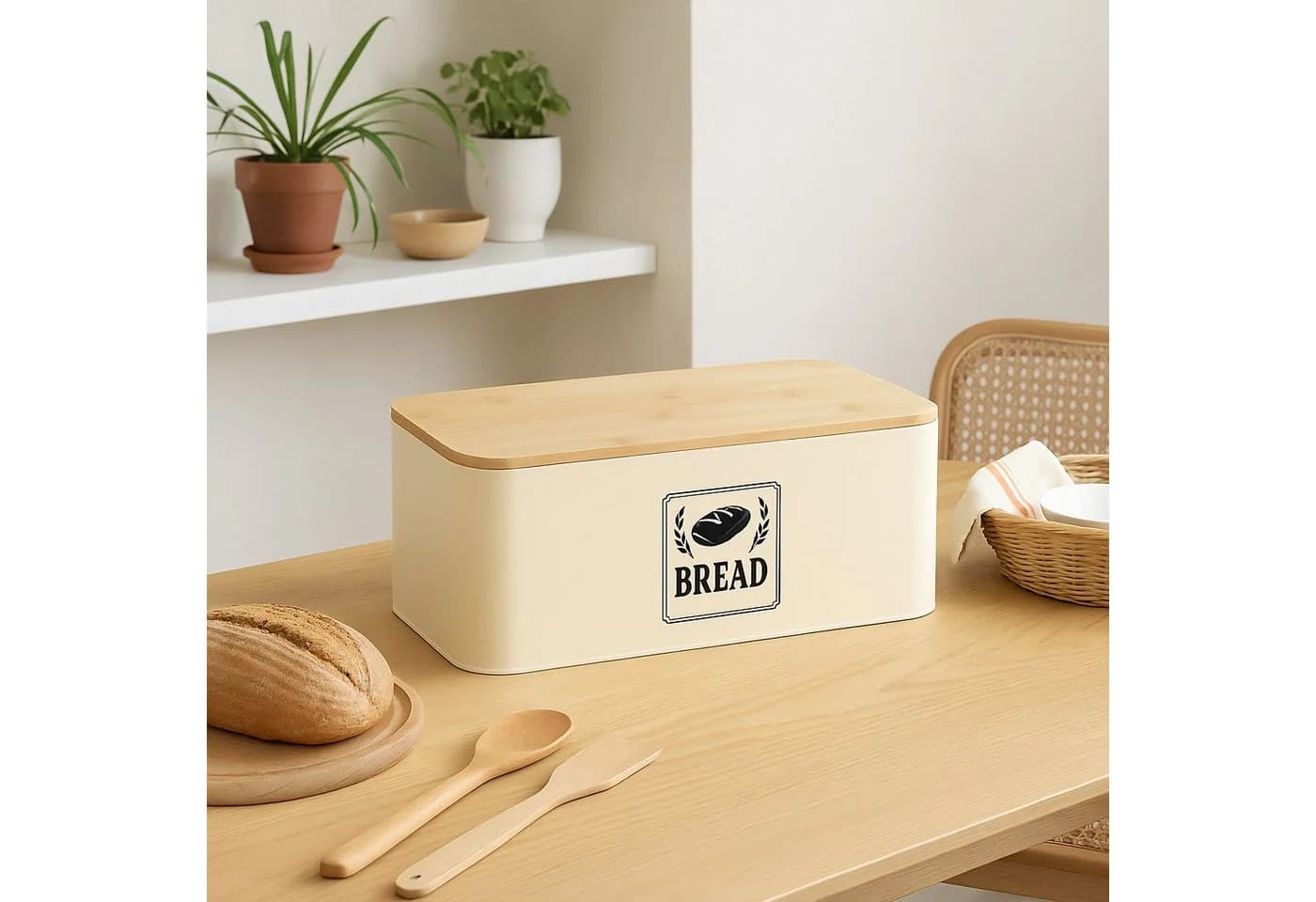relaxdays Brotkasten mit Bambusdeckel Retro-Design Eisen Beige