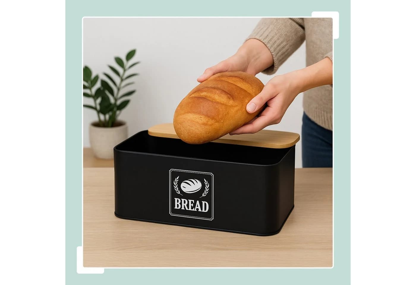 relaxdays Brotkasten mit Bambusdeckel Retro-Design Eisen Beige - Bild 3