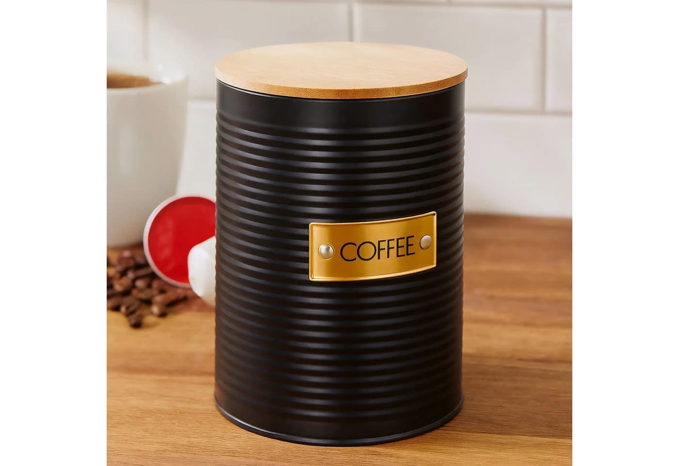 relaxdays Kaffeedose mit Bambusdeckel Schwarz Stahl
