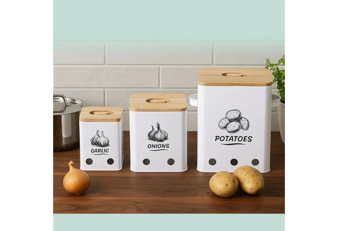 relaxdays Vorratsdose 3er Set Kartoffel Aufbewahrungsbox Eisen Weiß - Bild 3