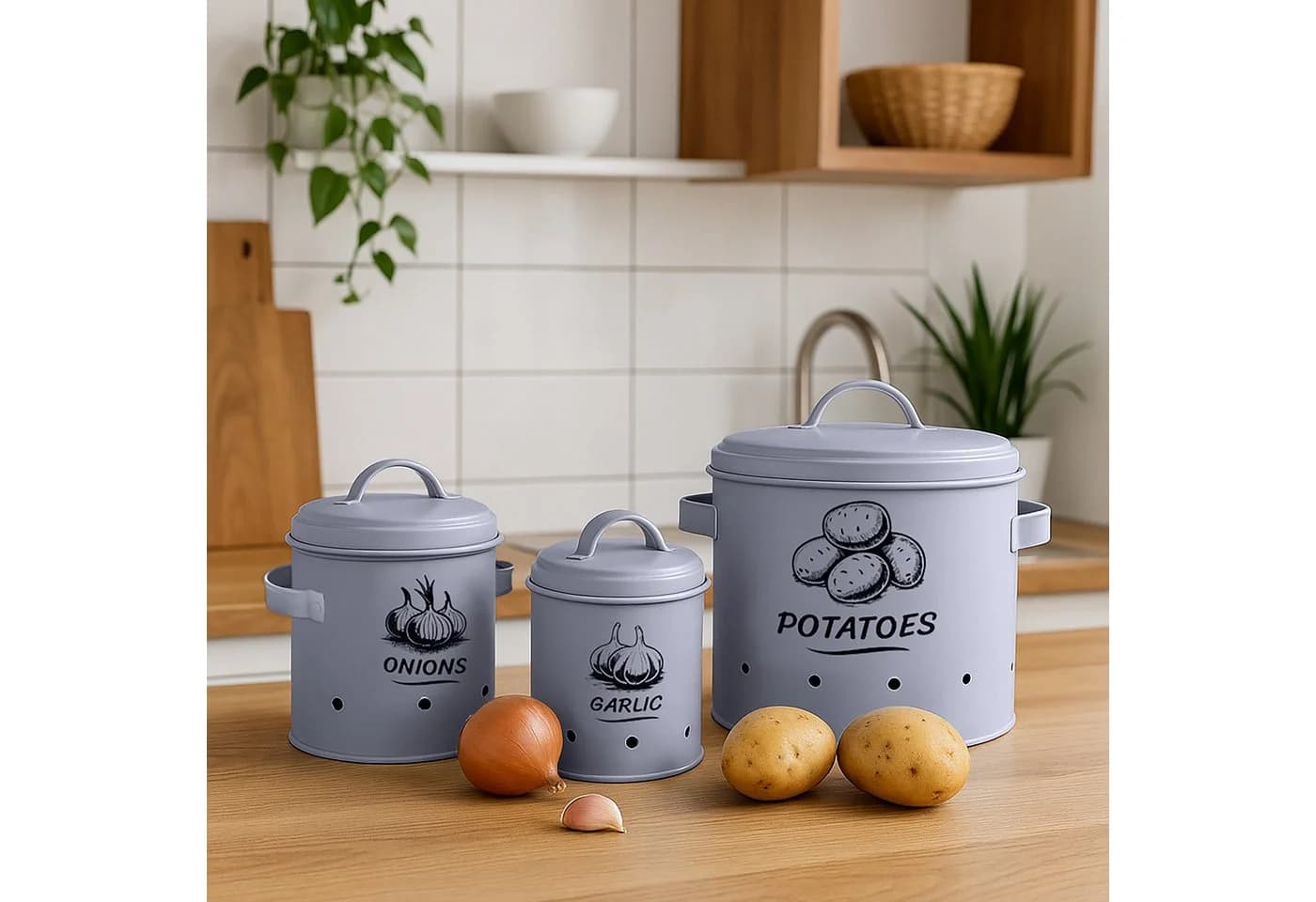 relaxdays Vorratsdose 3er Set Stahl grau für Kartoffeln, Zwiebeln, Knoblauch