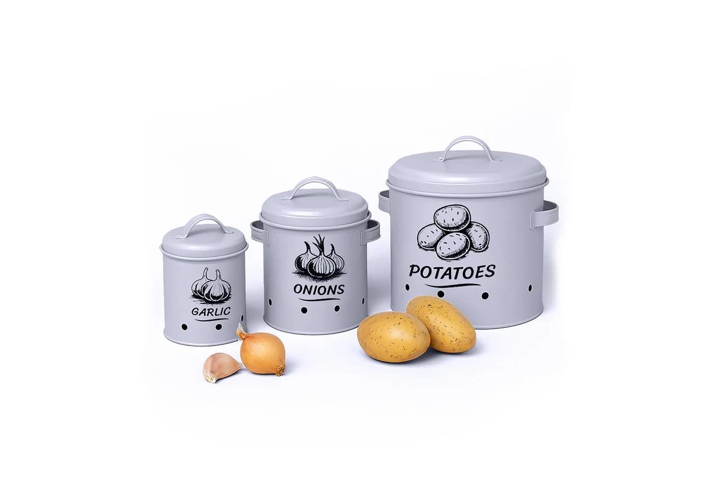 relaxdays Vorratsdose 3er Set Stahl grau für Kartoffeln, Zwiebeln, Knoblauch - Bild 2