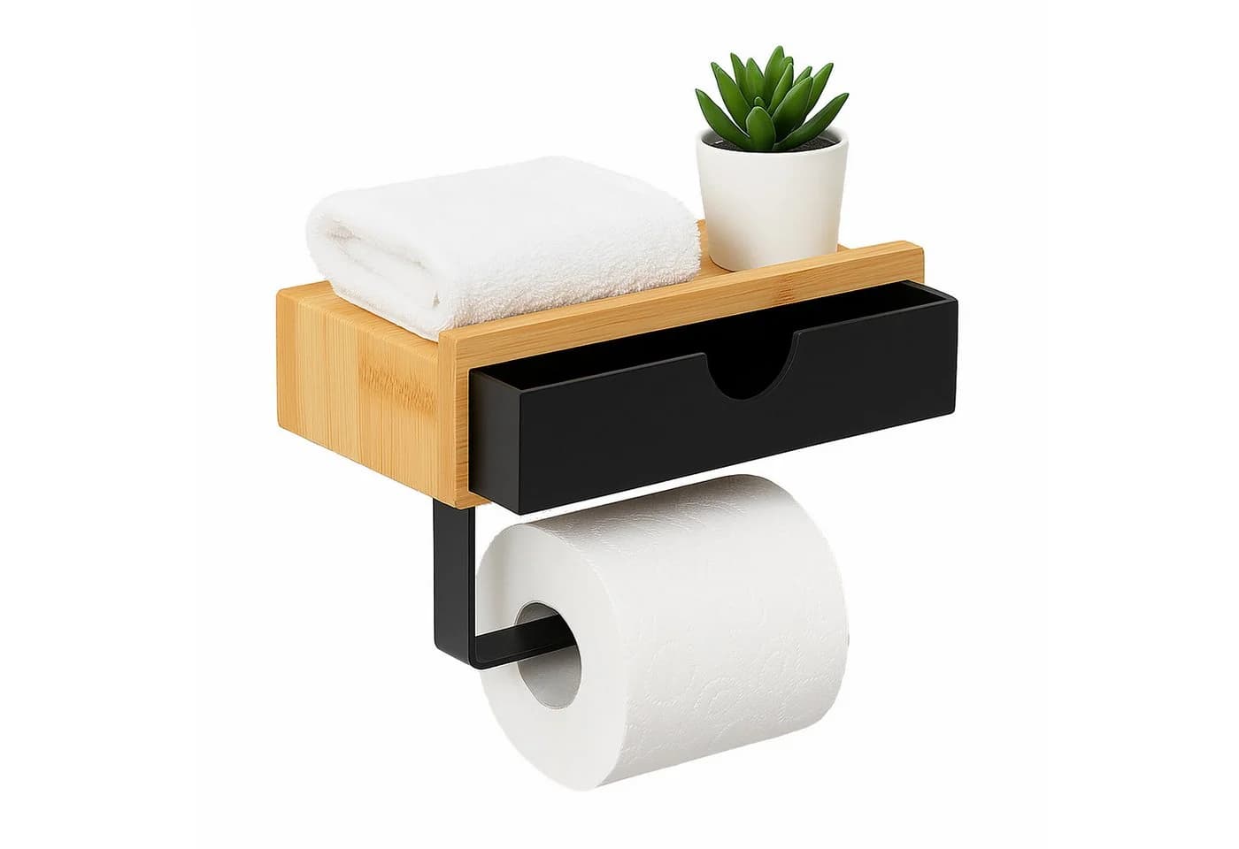 relaxdays Toilettenpapierhalter Bambus Schwarz mit Ablage - Bild 2