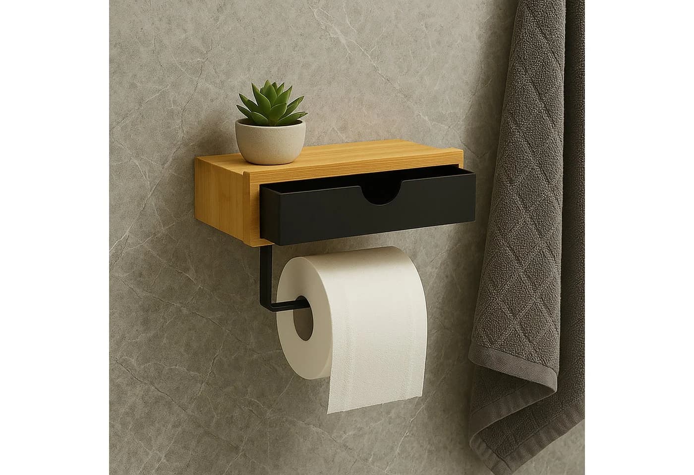 relaxdays Toilettenpapierhalter Bambus Schwarz mit Ablage - Bild 3