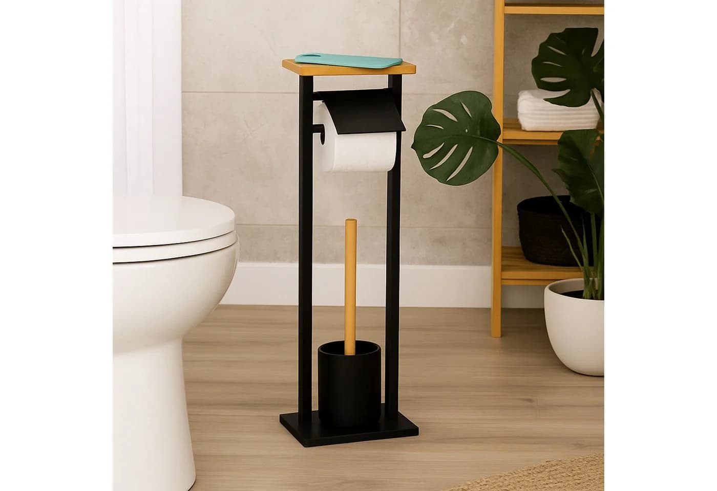 relaxdays WC-Garnitur mit Ablage Schwarz Bambus
