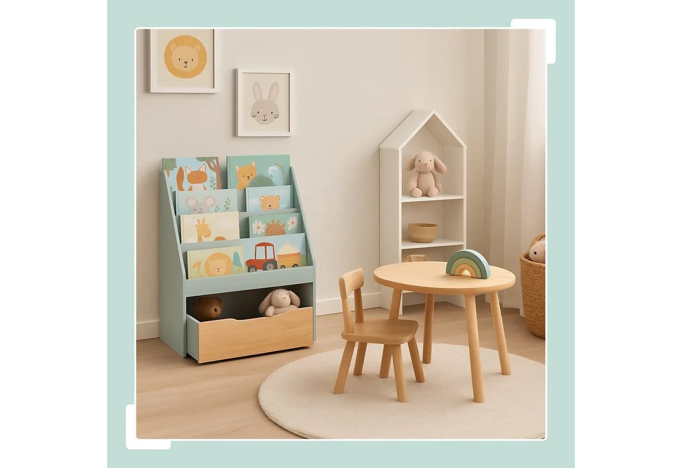 relaxdays Bücherregal Kinder mit Spielzeugkiste Mint