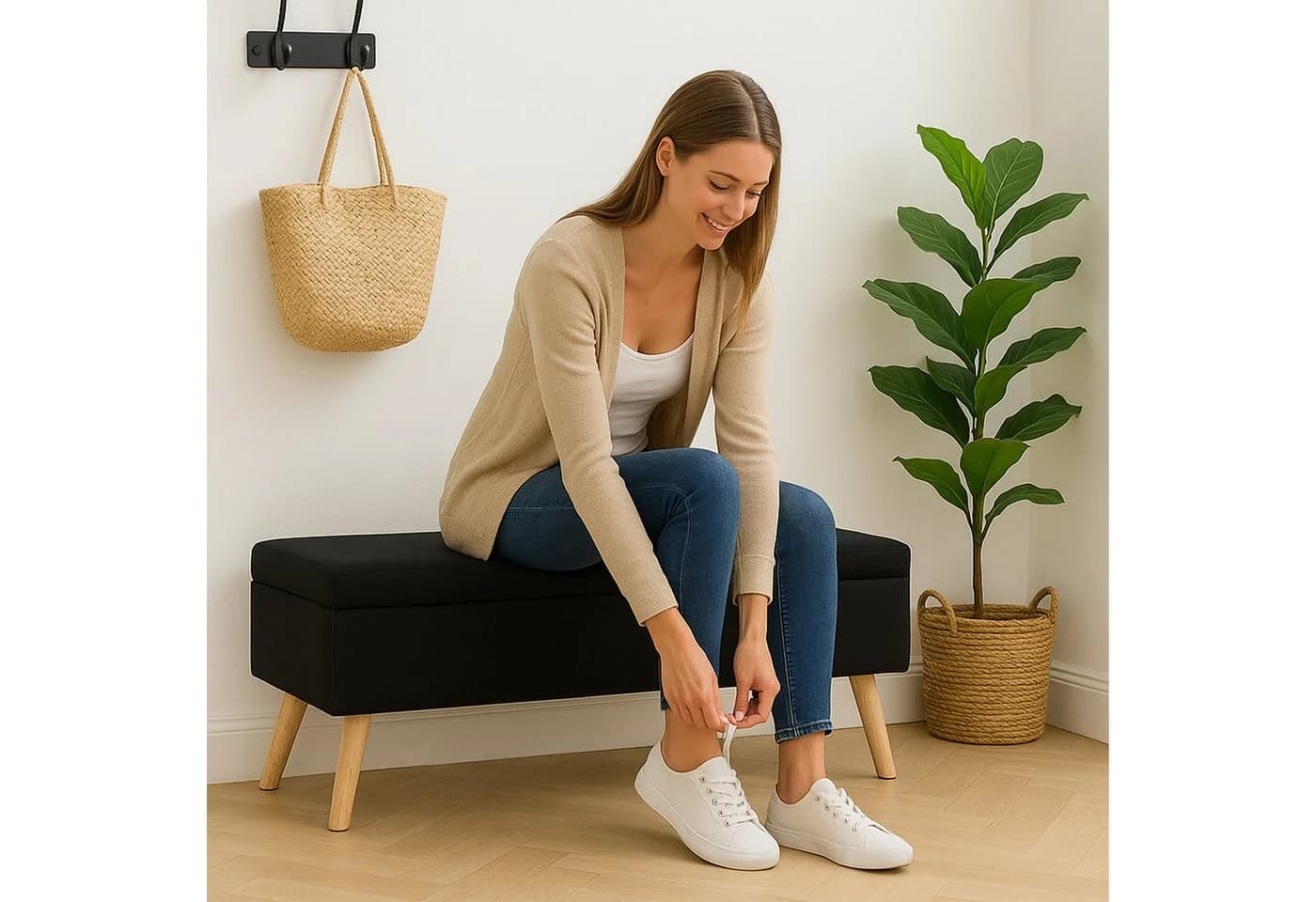relaxdays Truhenbank Sitzbank mit Stauraum Leinenoptik Schwarz - Bild 3